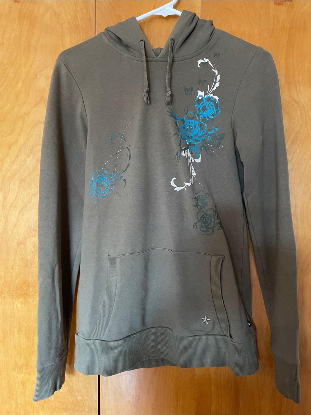 Olive Green Floral Graphic Hoodie with Teal Accents